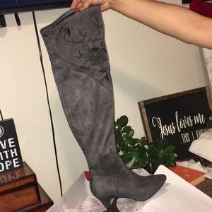 Knee high grey suede boots